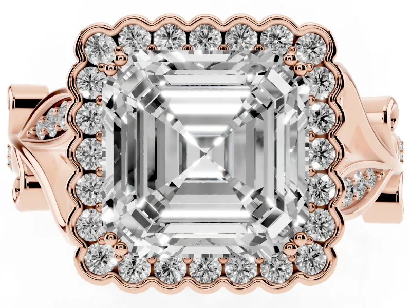Asscher Cut Vintage Leaf Halo Engagement Ring Setting | Graduated Vine Shank | Rose Gold