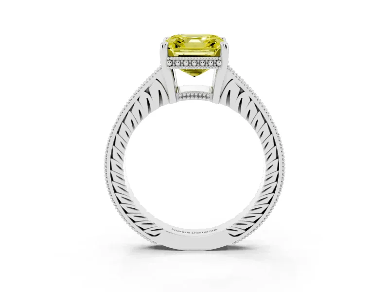 Asscher Cut Engraved Engagement Ring Setting for a Fancy Yellow Lab-Grown Diamond | Platinum