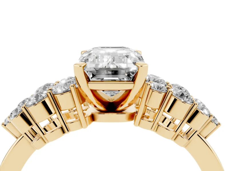Emerald Cut Side Stone Engagement Ring Setting | Two-Row Shoulder Clusters | Yellow Gold