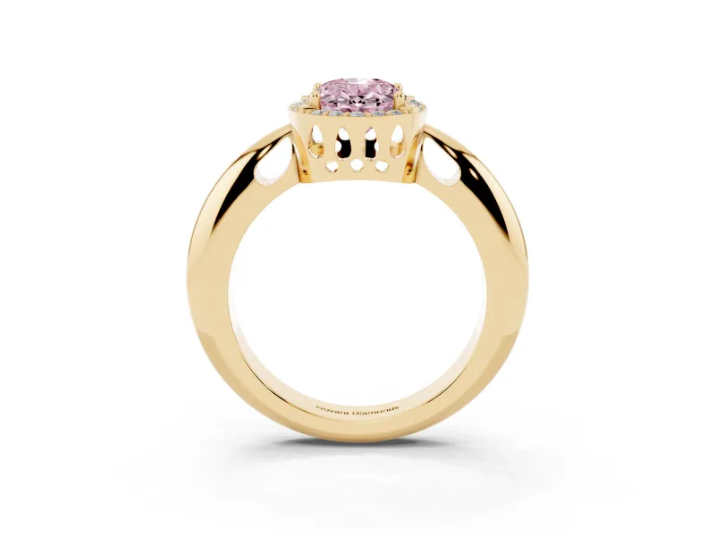 Fancy Pink Oval Cut Diamond Halo Engagement Ring Set in Yellow gold with Plain Split Shank and Prong Setting