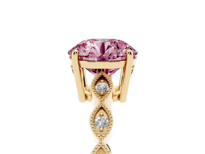 Fancy Pink Round Cut Diamond Solitaire Ring Set in Yellow gold with Infinity Twist Pavé Band