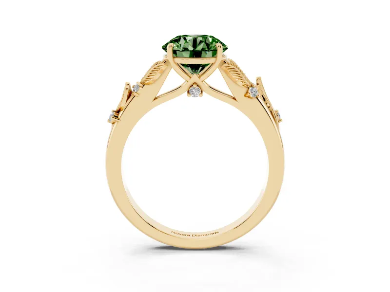 Round Leaf Solitaire Engagement Ring Setting for a Fancy Green Lab-Grown Diamond | Yellow Gold