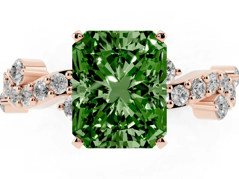 Fancy Green Radiant Cut Diamond Solitaire Twisted Band Set in Rose gold with Pavé Setting