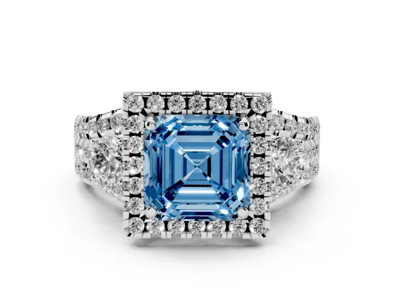 Fancy Blue Asscher Cut Diamond Halo Split Shank Ring Set in Platinum with Round Accent Stones and Prong Setting