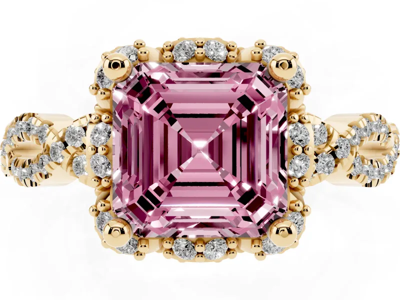 Fancy Pink Asscher Cut Diamond Halo Twist Band Solitaire Ring Set in Yellow gold with Prong-Set Center Stone