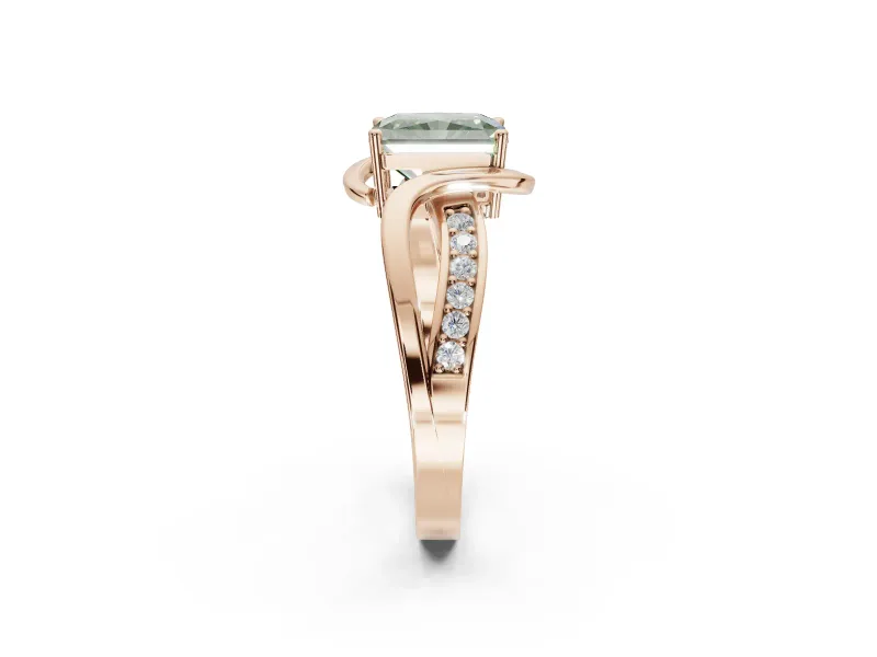 Radiant Cut Bypass Solitaire Engagement Ring Setting for a Fancy Green Lab-Grown Diamond | Pavé Strands | Rose Gold
