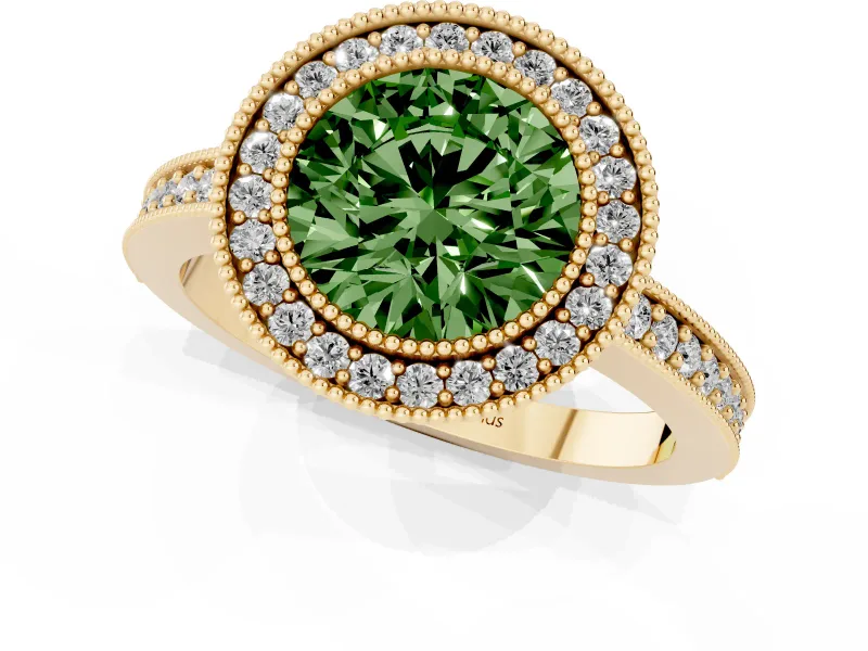Round Milgrain Halo Engagement Ring Setting for a Fancy Green Lab-Grown Diamond | Pave Band | Yellow Gold