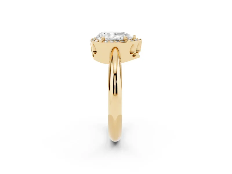 Pear Cut Diamond Halo Engagement Ring Set in Yellow gold with Plain Split Shank and Prong Setting