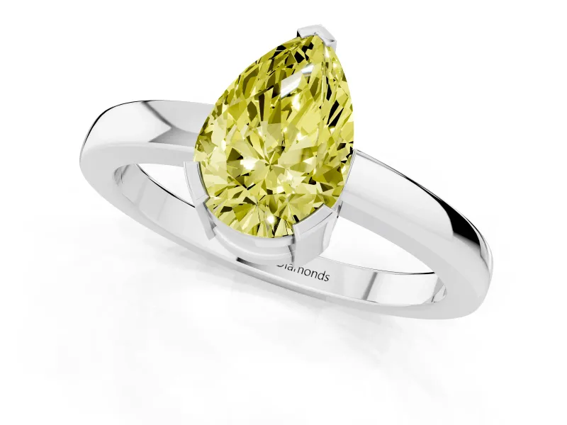 Fancy Yellow Pear Cut Diamond Solitaire Ring Set in Platinum with Prong Head and Smooth Polished Band