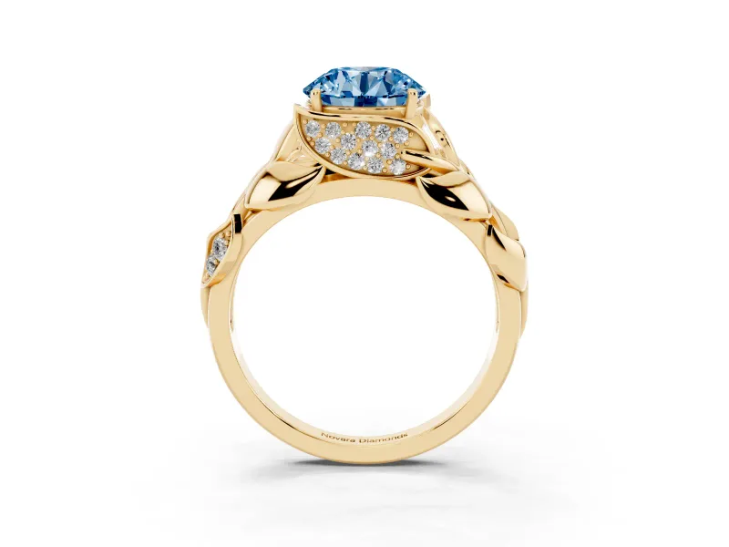 Fancy Blue Round Cut Diamond Leaf-Inspired Engagement Ring Set in Yellow gold with Round Accents