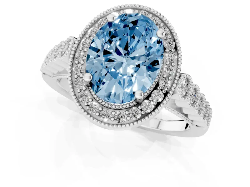 Fancy Blue Oval Cut Diamond Milgrain Halo Solitaire Ring Set in Platinum with Bezel Set Side Stones and Pavé Band