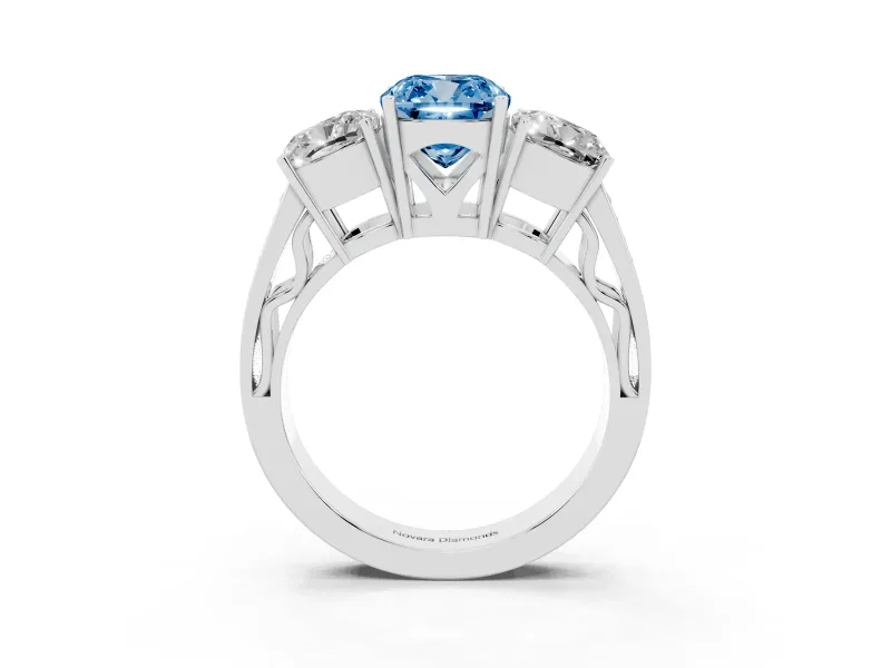 Fancy Blue Cushion Cut Diamond Three-Stone Ring Set in White gold with Textured Band