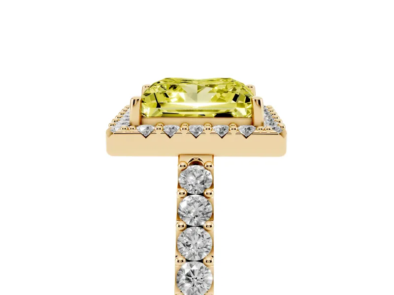 Fancy Yellow Princess Cut Diamond Halo Pavé Solitaire Ring Set in Yellow gold with Prong-Set Center Stone