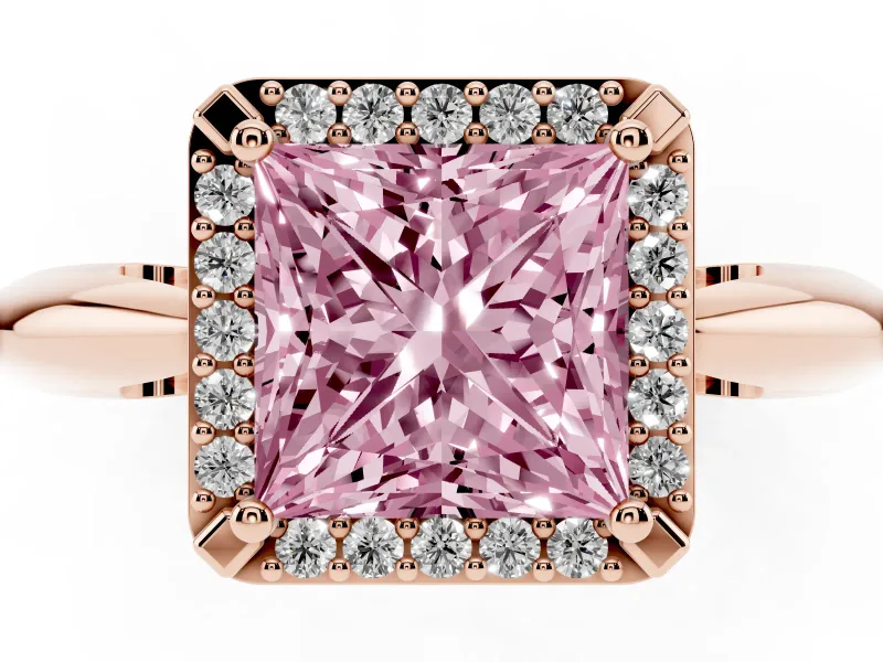 Fancy Pink Princess Cut Diamond Halo Engagement Ring Set in Rose gold with Plain Split Shank and Prong Setting