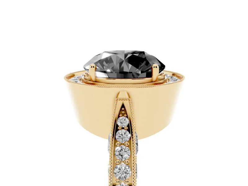 Round Milgrain Halo Engagement Ring Setting for a Black Center | Side Stones | Yellow Gold