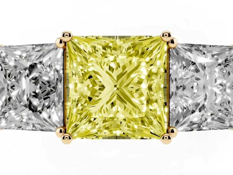 Princess Cut Three Stone Engagement Ring Setting for a Fancy Yellow Lab-Grown Diamond | Beaded Shoulders | Yellow Gold