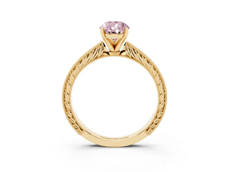 Fancy Pink Pear Cut Diamond Solitaire Milgrain Engraved Band Set in Yellow gold with Prong Setting