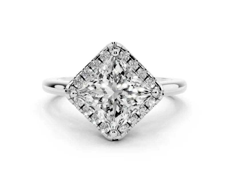 Princess Cut Diamond Halo Engagement Ring Set in Platinum with Pavé Band and Rising Shoulders