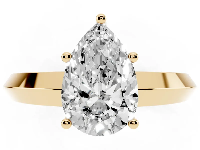 Pear Cut Diamond Solitaire Engagement Ring Set in Yellow gold with Flat Band and Prong Setting