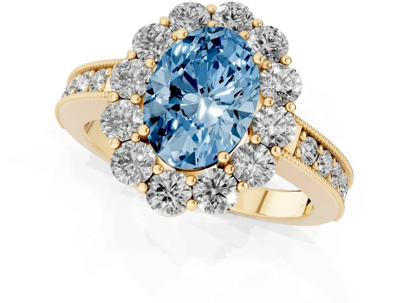 Oval Vintage Halo Engagement Ring Setting for a Fancy Blue Lab-Grown Diamond | Yellow Gold