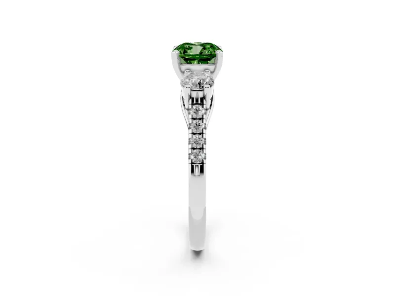 Fancy Green Three-Stone Cushion Cut Diamond Pavé Band Ring Set in Platinum with Prong-Set Trio