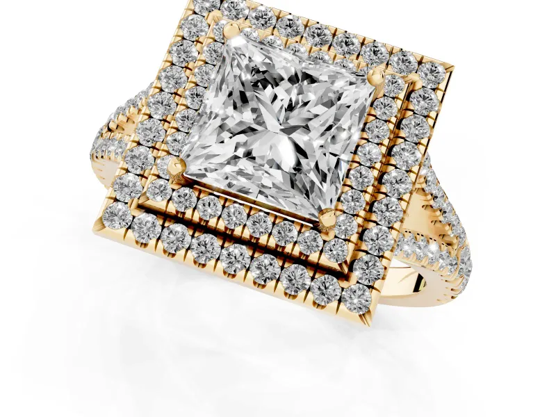 Princess Cut Double Halo Split Shank Engagement Ring Setting | Pavé Shoulders | Yellow Gold