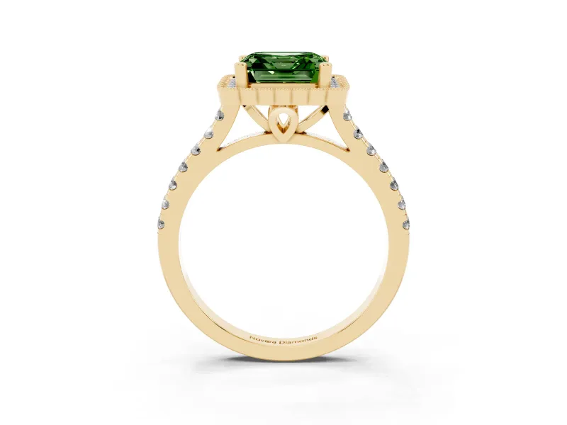 Fancy Green Asscher Cut Diamond Milgrain Floral Halo Engagement Ring Set in Yellow gold with Pavé Band