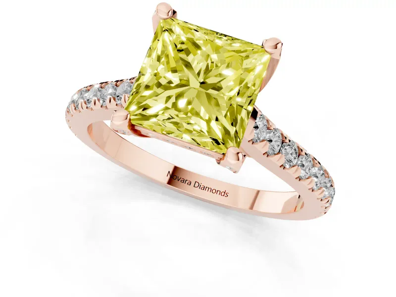 Princess Cut Hidden Halo Pave Engagement Ring Setting for a Fancy Yellow Lab-Grown Diamond | Claw Prongs | Rose Gold