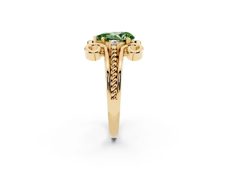 Fancy Green Pear Cut Diamond Twisted Band Solitaire Ring Set in Yellow gold with Scroll Prongs