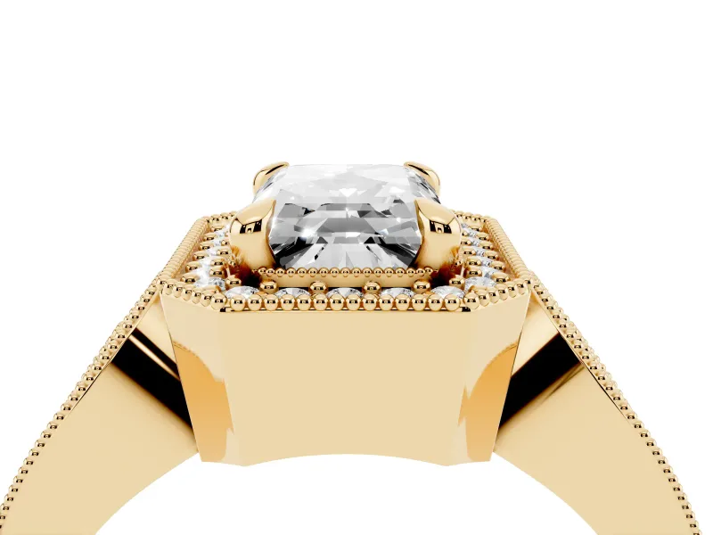 Emerald Cut Diamond Halo Ring Set in Yellow gold with Milgrain Accent Split Shank