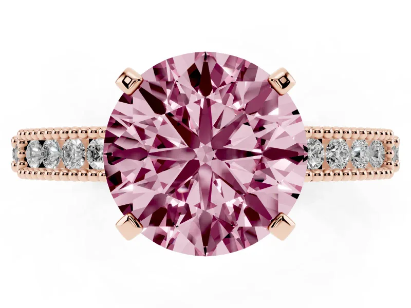 Fancy Pink Round Cut Diamond Solitaire Ring Set in Rose gold with Slim Pavé Band and Prong Setting