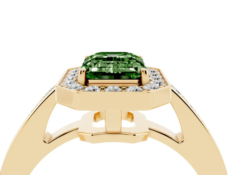 Fancy Green Emerald Cut Diamond Halo Pavé Engagement Ring Set in Yellow gold with Bezel Setting