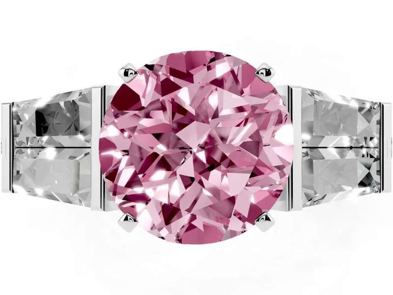 Fancy Pink Round Cut Diamond Engagement Ring Set in Silver with Baguette Side Stones and Channel Set Band