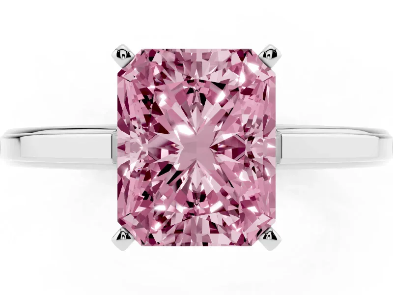 Fancy Pink Radiant Cut Diamond Solitaire Ring Set in White gold with Prong Setting and Classic Band
