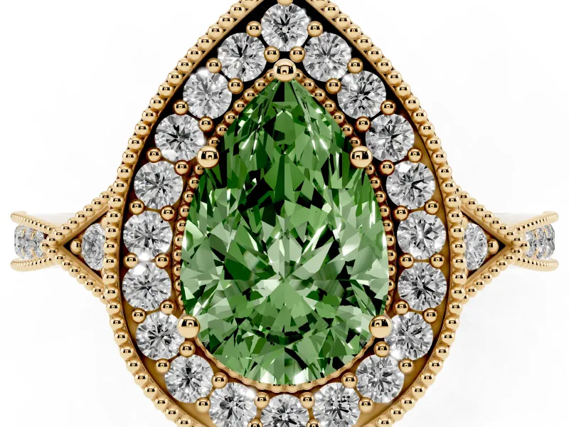 Fancy Green Pear Cut Diamond Halo Engagement Ring Set in Yellow gold with Milgrain Pavé Band