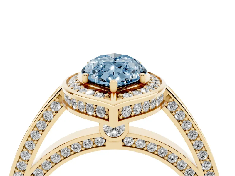 Fancy Blue Marquise Cut Diamond Halo Pavé Split Shank Ring Set in Yellow gold with Prong Setting