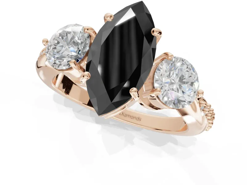 Fancy Black Marquise Lab-Grown Diamond Three-Stone Ring Set in Rose Gold with Channel-Set Band and Prong Setting