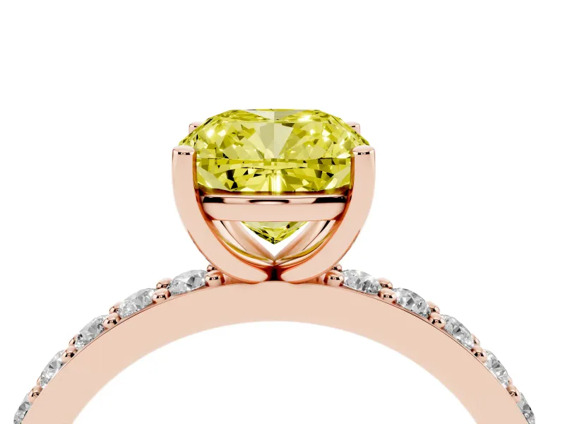 Fancy Yellow Cushion Cut Diamond Solitaire Set in Rose gold with Round Pavé Band and Prong Setting