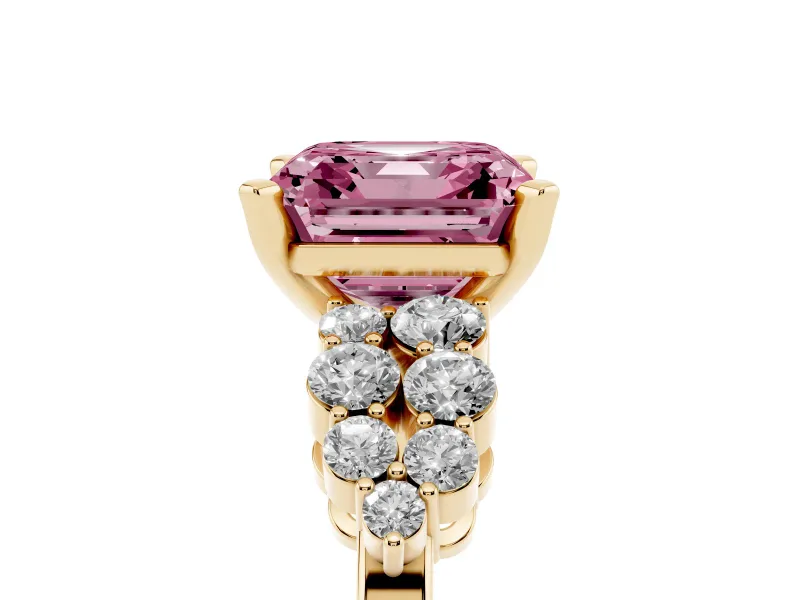 Asscher Cut Side Stone Engagement Ring Setting for a Fancy Pink Lab-Grown Diamond | Shoulder Clusters | Yellow Gold