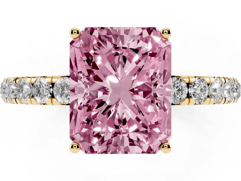 Radiant Cut Pave Solitaire Engagement Ring Setting for a Fancy Pink Lab-Grown Diamond | Shared Prong Band | Yellow Gold