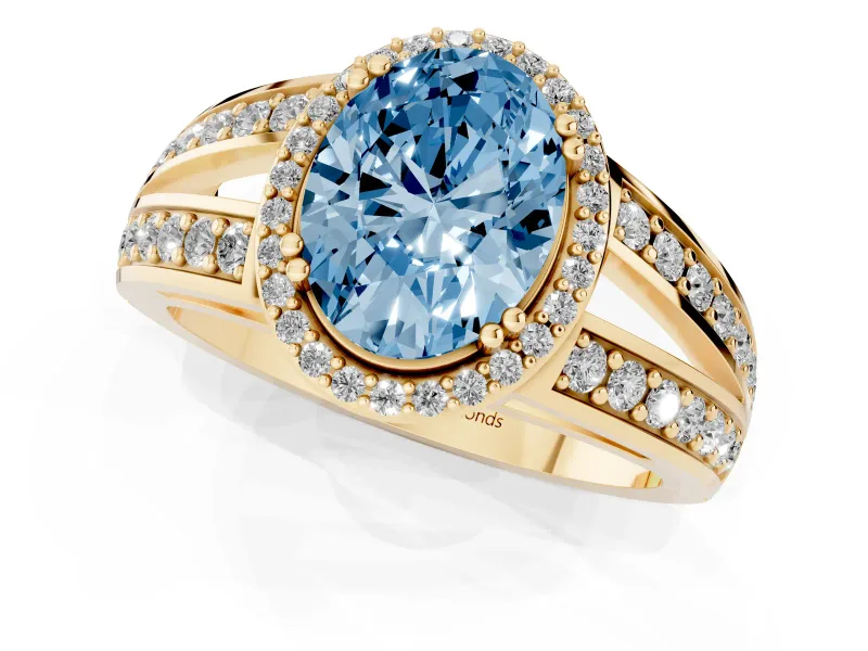 Fancy Blue Oval Cut Diamond Halo Ring Set in Yellow gold with Double Pavé Split Shank