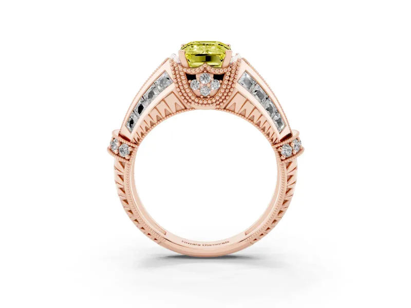 Fancy Yellow Emerald Cut Diamond Vintage-Inspired Milgrain Ring Set in Rose gold with Accent Split Shank