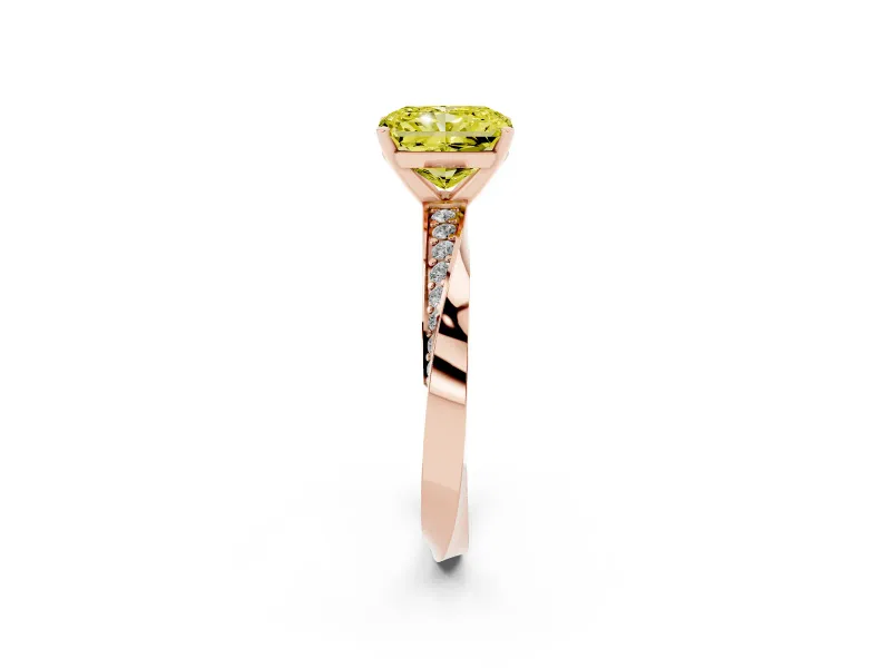 Fancy Yellow Radiant Cut Diamond Engagement Ring Set in Rose gold with Side Stone Accents and Prong Setting