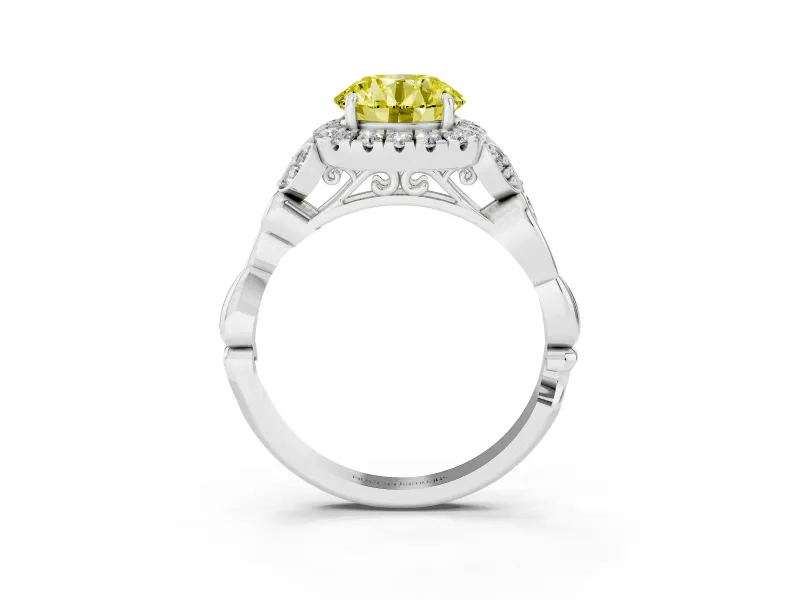 Round Halo Engagement Ring Setting for a Fancy Yellow Lab-Grown Diamond | Leaf Shoulders | Platinum