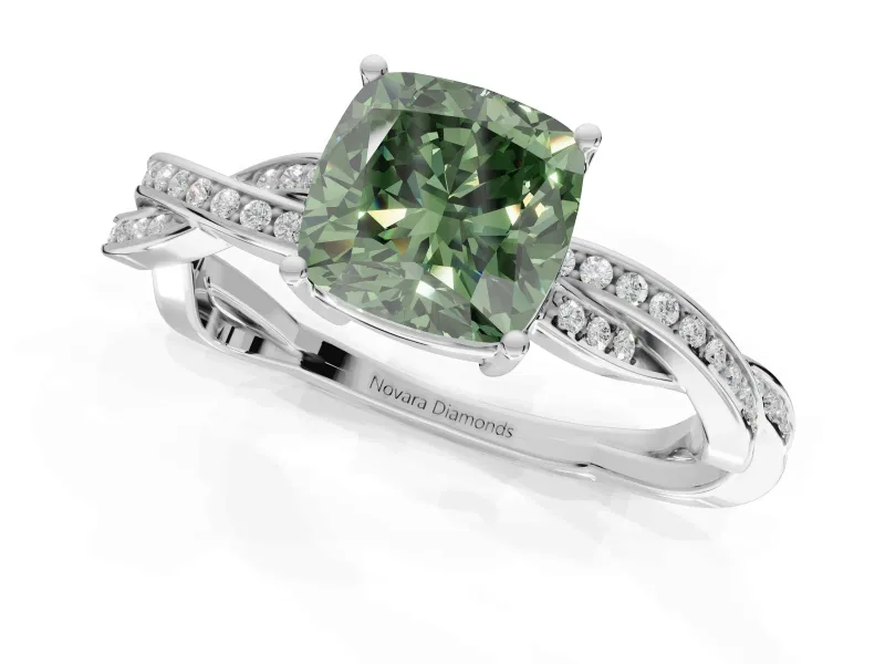 Cushion Cut Twisted Pavé Solitaire Engagement Ring Setting for a Fancy Green Lab-Grown Diamond | Open Basket | Platinum