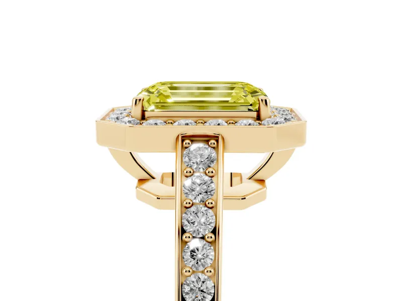 Fancy Yellow Emerald Cut Diamond Halo Pavé Engagement Ring Set in Yellow gold with Bezel Setting