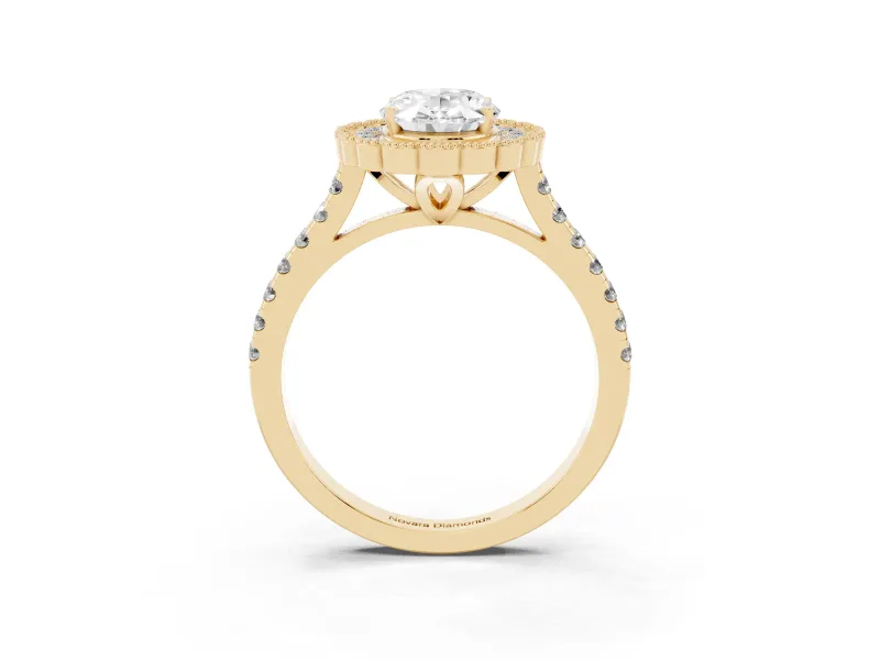 Oval Cut Diamond Milgrain Floral Halo Engagement Ring Set in Yellow gold with Pavé Band