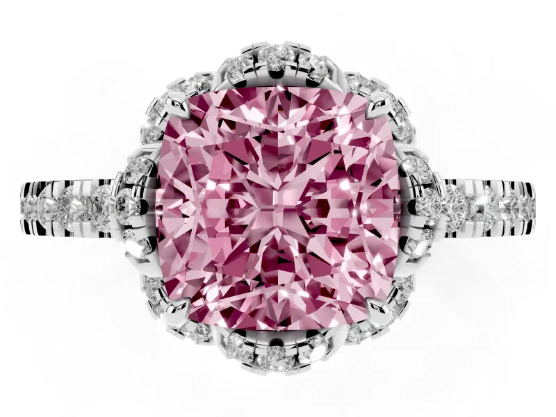 Fancy Pink Cushion Cut Diamond Halo Pavé Band Ring Set in Platinum with Prong-Held Center