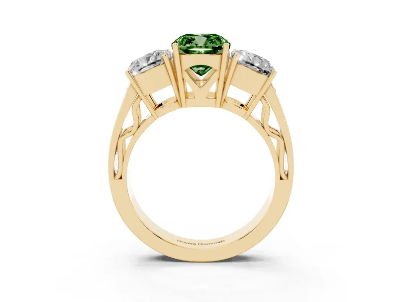 Cushion Cut Three Stone Engagement Ring Setting for a Fancy Green Lab-Grown Diamond | Beaded Shoulders | Yellow Gold