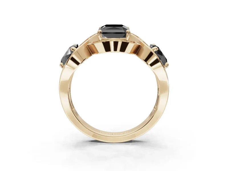 Radiant Cut Three Stone Engagement Ring Setting for a Black Center | Pavé Wave Band | Yellow Gold